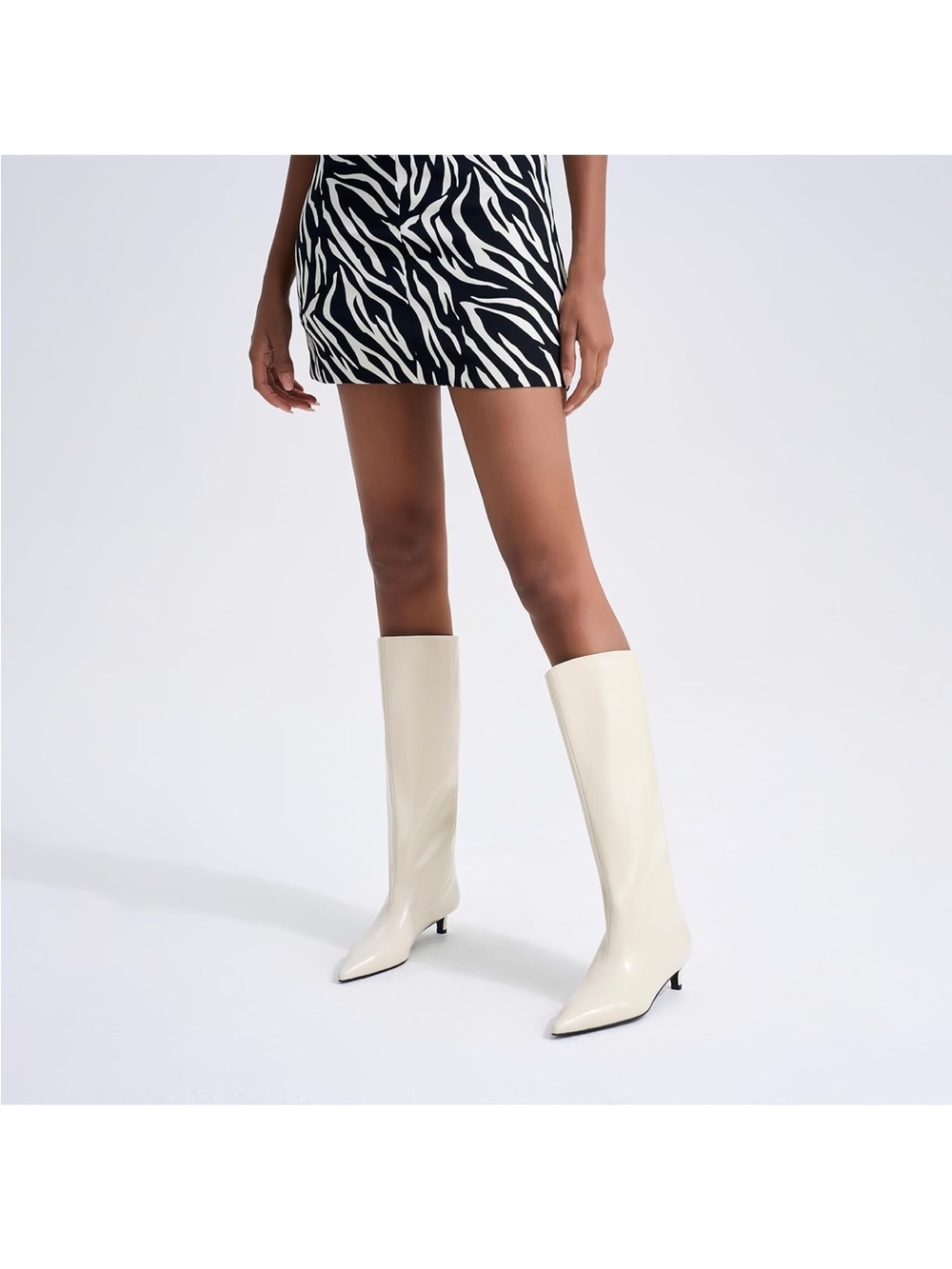 Comjuy Women's Knee-High Pointed Toe Cream Boots